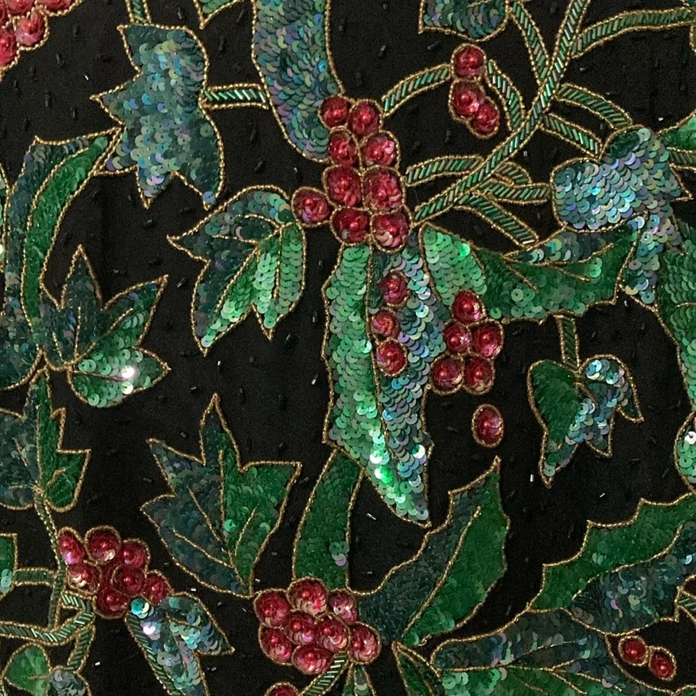 NITELINE Vintage Christmas Floral Sparkly Beaded Sequined Silk Jacket size XL - Picture 3 of 13